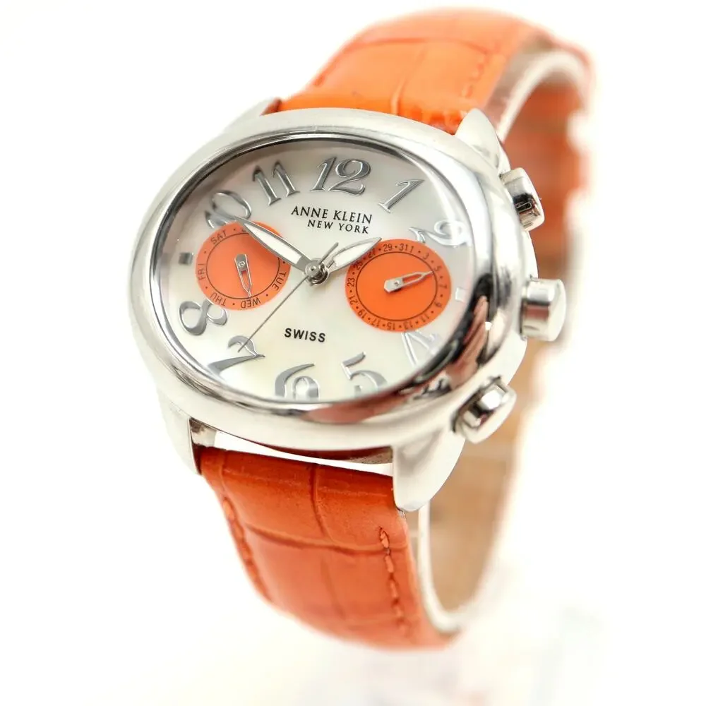 Anne Klein Swiss Oval Orange MOP 35mm Womens Watch Day Date Leather New Battery